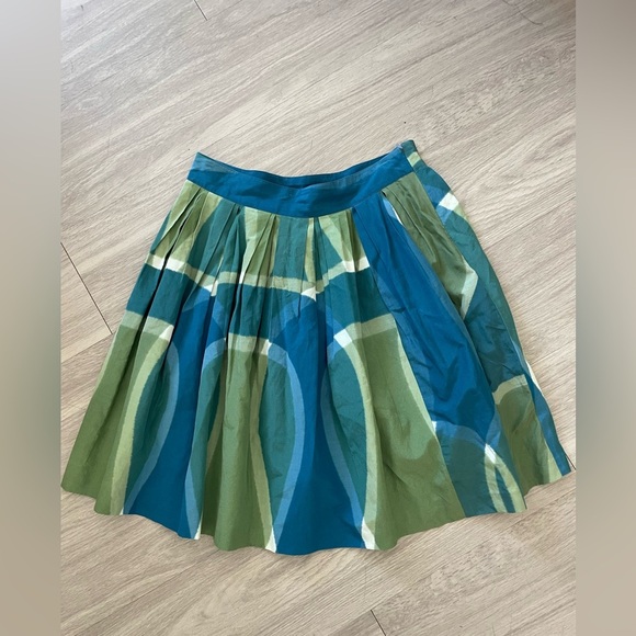 Club Monaco blue and green vintage geometric silk blend high waist mini skirt - Picture 1 of 4